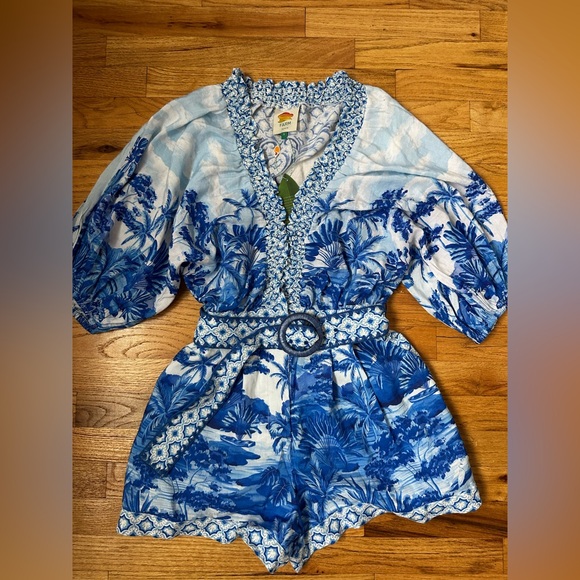 FARM RIO ANTHROPOLOGIE Blue Floral V-Neck Romper with Belt - Picture 1 of 12